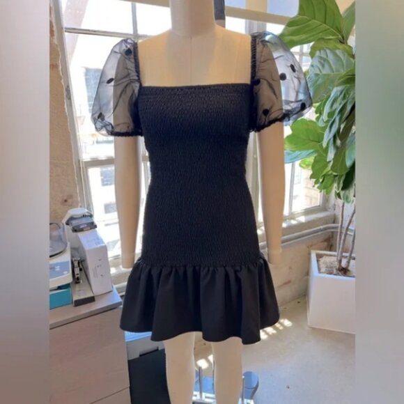 BCBGeneration Glendon Black Smocked Dress w/ Sheer Polka Dot Puff Sleeves - Picture 1 of 4